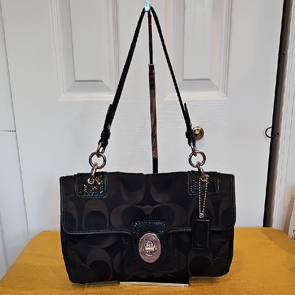 Coach 2009 Peyton  Sateen Flap Monogram Shouder Bag Style 14504 in Black